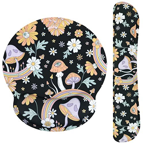 Ksriylm Cute Mouse Pad Wrist Support Keyboard Wrist Rest Set,Ergonomic Mouse Pad with Non-Slip Base for Office Gaming Working Computers,Easy Typing & Pain Relief Mouse Mat,Mushrooms Rainbow