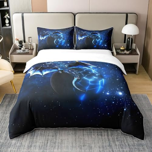Loussiesd Galaxy Dragon Bettwäsche Set 135x200cm 100% Baumwolle Kinder Chic Weltraum Sternenhimmel Bettwäsche Set Dschungeltiere Drachen Bettwäsche für Jungen Kinder Teens Blau Schwarz Betten Set