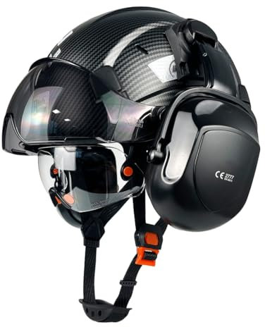 HaoYiShang Carbon Fiber Industrial Safety Helmet With Double Goggles Visor Ear defenders Muffs Work Hight ABS Safety Hard Hats Vented hardhat Industrial hard hat Construction Head Protection