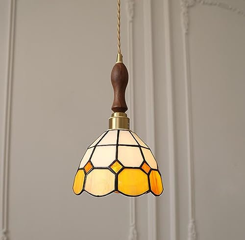 SSNCcNC Europäischen Holz Hängeleuchte Tiffany Vintage Hängelampe Pastoral Esszimmerlampe Glas Schlafzimmer Wohnzimmer Pendelleuchte E27 19 * 29cm