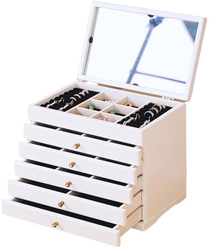 ZAXER Elegante Holz-Schmuckschatulle mit 5 Schubladen und samtigem Innenfutter - Vintage-Stil für sichere Aufbewahrung Ihrer Lieblingsaccessoires - weiß