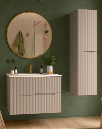 Mueble Baño Suspendido con Lavabo Cerámico | 2 cajones con Cierre Amortiguado y Organizador | 80cm Color Moka
