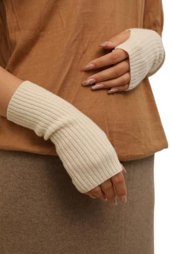 Prettystern Rippstrick Damen Kaschmir Fingerlose Pulswärmer handgelenk-wärmer Hand-Stulpen Cashmere Halb-Handschuhe Weiß Cremeweiß