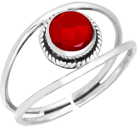 Jeweloporium Roter Rubin Kunstsilber Verstellbarer Ring, 925 Sterling Silber Ring für Damen, Runder Edelstein Boho Schmuck