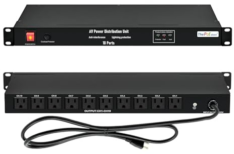 ThePoEstore 10 NEMA 5-15R Outlet Surge Protector PDU, 120V 15A 3600J 10KA, 1U Rack Mount Power Strip for Network Server Racks, AV Equipment, & More - 14AWG 6ft Cord
