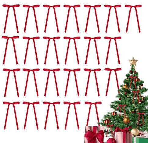 Árbol de Navidad 24 lazos - Lazos navideños con purpurina, enormes lazos decorativos | Lazo gigante de satén rojo con largas serpentinas, lazos de cinta, adornos para el árbol de Navidad para m