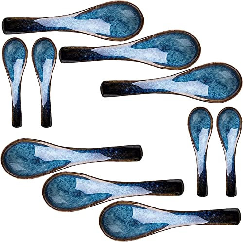 BITESHIS Cuchara de Sopa China Cuchara de Mango Largo Cuchara de cerámica Cuchara de Sopa Japonesa Ramen Azul Vintage 6/9/10 Piezas(Color:10 Pieces)
