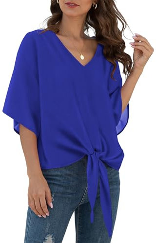 YGJIEGENG Chiffon Blouses for Womens UK Summer Blouses Tops V Neck Ladies Tops 3/4 Batwing Sleeve Casual Loose T Shirts Royal Blue M