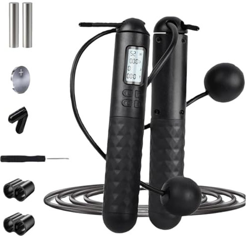 Corde à sauter lestée pour fitness, corde à sauter avec compteur – Poignées lourdes, comptage numérique réglable pour femmes, hommes, adultes, enfants