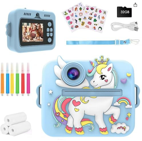 GuKKK Appareil Photo Instantané, 2.4 Écran Appareil Photo Enfant avec Papier d'impression et Carte 32GB Stylos Colorés, Mode Selfie et Video, Anniversaire Cadeau Jouet pour Enfant 3-14 Ans (Bleu)