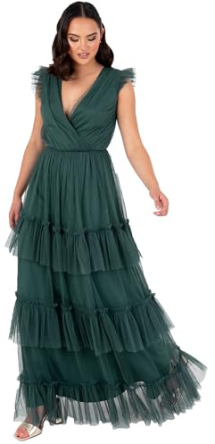 Anaya with Love Women's Maxi Dress Ladies Short Sleeve V-Neck Wrap Tiered Ruffle Tulle A-Line Wedding Guest Bridesmaid Prom Ball Gown Dress Femme (Lot de 1)