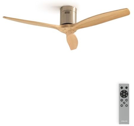 CREATE / WINDCALM NATURAL WOOD M/Ventilador de techo níquel aspas madera clara y mando / 40W, Temporizador, Ø132 cm, 6 velocidades, silencioso, función verano-invierno