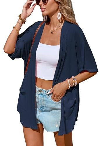 Famulily Summer Kimono Cardigans for Women UK, Casual Short Sleeves Lightweight Cardigan with Pocket (XL, Navy)