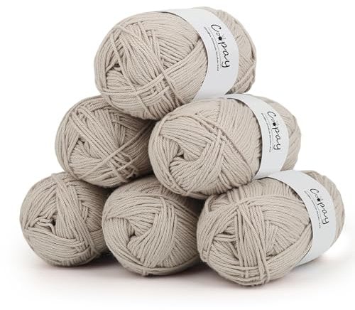 Coopay Wolle zum Häkeln, 100% Baumwolle zum Stricken, 6 x 50g Weiches Häkelgarn Baumwolle zum Häkeln, Babywolle Baumwollgarn für Pullover, Socken, Babydecke - Beige