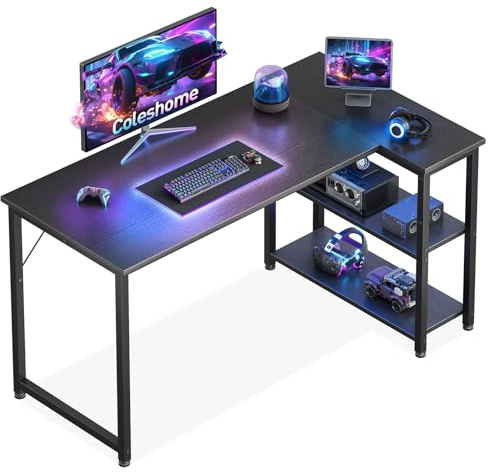 Coleshome L Shaped Gaming Desk for Small Space, 120x70 cm Black | Computer Desk for Home Office, Corner Desk with Reversible Shelves for Small Spaces, Writing Study Table Easy Assembly Design
