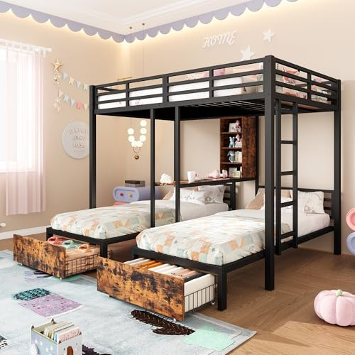 Trdlpyn Letto a castello 140 x 200 cm +90 x 200 cm per 3 bambini, letto a soppalco con scomparti, 2 cassetti e ripiani, letto triplo per ragazzi con rete a doghe e scala laterale, metallo+MDF