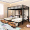 Trdlpyn Letto a castello 140 x 200 cm +90 x 200 cm per 3 bambini, letto a soppalco con vano portaoggetti, 2 cassetti e ripiani, letto a tre letti con rete a doghe e scala laterale, metallo+MDF