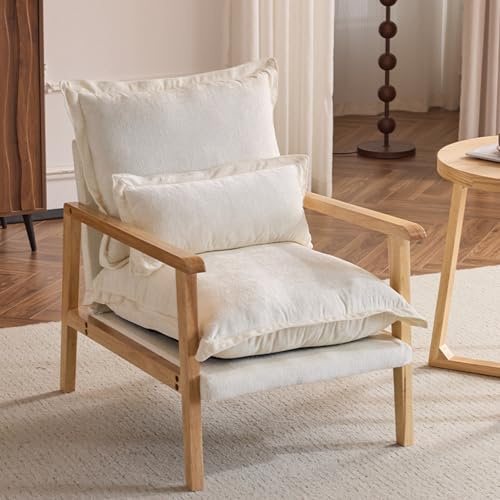 Bonnlo Mid-Century Modern Cloud Accent Armchair with Lumbar Pillow, 16cm Thick Seat Cushion Cozy Lounge Chair with Wooden Armrests for Bedroom, Living Room, Reading Room, Dark Grey (Beige)