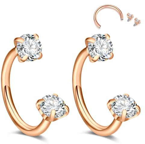 Crdifu 16G Nasenpiercing Hufeisen Piercing mit Innengewinde, 8mm Nase Piercings Hufeisen Ringe Rosegold, 1,2mm Tragus Helix Rook Conch Snug Piercing CZ Ohrring, 2er Set Septum Hufeisen 316L Edelstahl