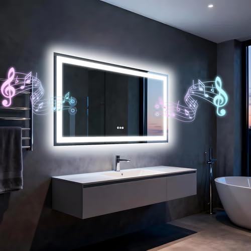 Olyvren Badspiegel Mit Beleuchtung100x70cm,Spiegel Mit Beleuchtung | Bluetooth-Dual-Lautsprecher, Antibeschlagfunktion, 3 Farbtemperaturen, dimmbarer Helligkeit, Speicherfunktion, Wandmontage