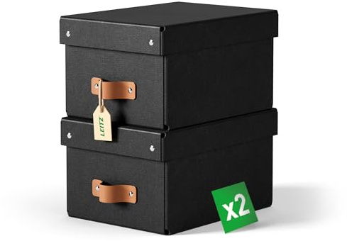Leitz Puro Aufbewahrungsbox mit Deckel, Klein, 2er-Set, stapelbar, 7 L, Organizer-Box für Regale und Schränke, aus FSC-Karton, für Büro und Home Office, 20 x 26 x 15 cm, Schwarz, 61470095
