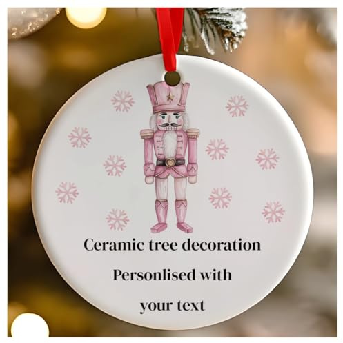 Personalised Pink Christmas Nutcracker Round Ceramic Hanging Tree Decoration, Babies 1st Christmas, First Xmas as Mr and Mrs - 7cm