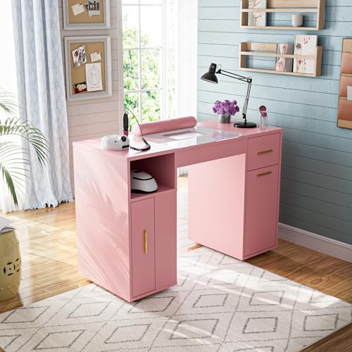 Nageltisch mit Staubabsaugung und Glasplatte, Manikürtisch mit Schubladen, 3 Schränken, 4 Staubsaugerbeuteln, Handauflage, Mobil auf Rollen, Profi Nagelstudio Tisch für Maniküre,Nageldesign (Rosa)