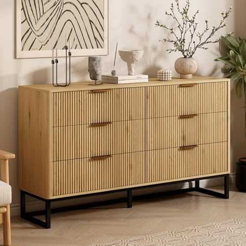 OOFAYJIA Kommode mit 6 Schubladen, Moderner Kommodenschrank Sideboard mit Metallfuß, Beistellschrank für Schlafzimmer, Wohnzimmer, Flur, 137x40x80cm,Natural