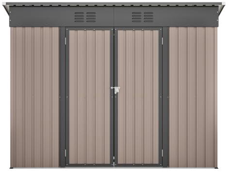 Abri de jardin en métal marron 242 x 126 x 182 cm – Armoire de jardin résistante aux intempéries avec toit incliné et ventilation – Cadre de fondation pour jardin, terrasse, vélo – Verrouillable et
