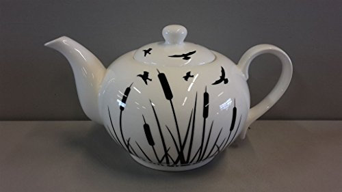 Black and Off White Porcelain TeaPot with Birds Flying Over a Field Design - Ideal for Tea Lovers, Tearooms, Cafes Tea Pot