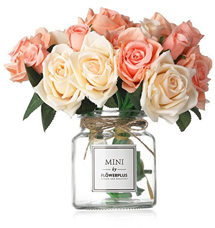 Missblue Artificial Rose Flowers with Vase,FakeSilk Pink Bouquet with Glass Jar Home Rope for Wedding Proposal Bride Home Decoration and The Best Gift (Champagne)