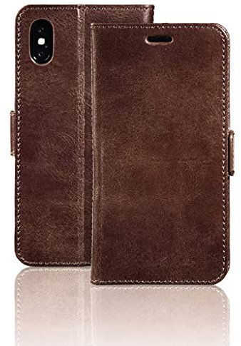 Lederhülle Apple iPhone X I stylische und edle iPhone X Hülle aus echtem Leder I klappbar I Handyhülle mit verstecktem Kartenfach I Ledercase, Braun