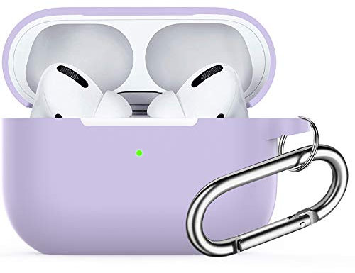 für Airpods Pro Hülle, Watruer Soft Silicone Skin Cover Stoßdämpfende Schutzhülle mit Schlüsselbund für Apple Airpods Pro 2019 (LED vorne sichtbar) - Lila