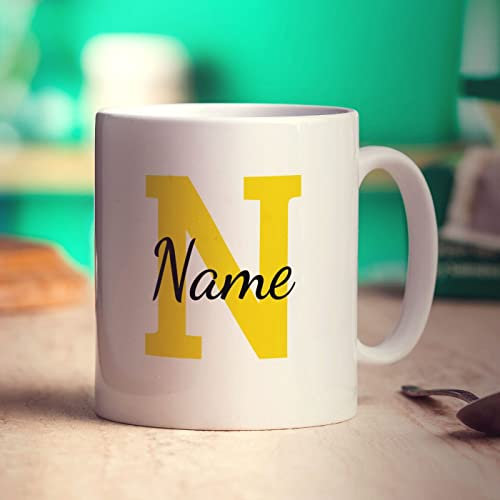 Personalised Mug With Initial & Name - 11oz Cup - Customised Printed Gift for Him, Her, Anniversary, Wedding, Birthday - Yellow