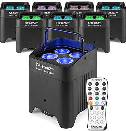beamz BBP54 Weatherproof Battery Powered Wireless Uplighters Set (8x Uplights) - RGBAW-UV Colour Mixing, Wireless DMX, Remote Control, IP54 Rated Event Lighting Kit Portable LED Wash Lights
