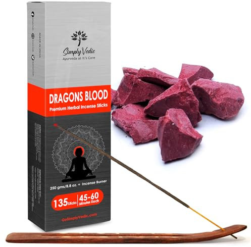 Simply Vedic Dragons Blut Räucherstäbchen 250 Gramm (ca. 135 Premium Räucherstäbchen + Räucherstäbchenhalter)| Dauert 60 Minuten, ideal für Meditation, Yoga, spirituelle Heilung, Gebete, Aromatherapie