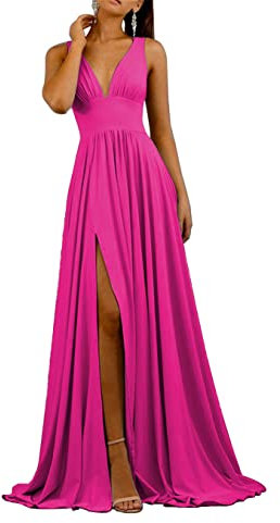 HPPEE Robe de demoiselle d'honneur pour femme - Col en V profond - Grande taille - Robe de fête de mariage avec fente, fuchsia, 42