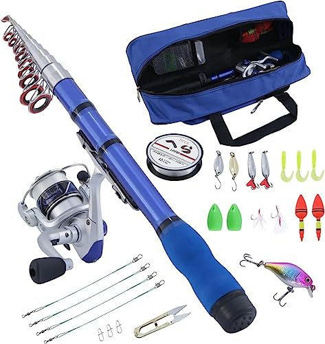 BNTTEAM Mini Spinnen Angelrute & Rolle Combos Teleskop tragbare Hand Harte 99% Kohlefaser Meer Angelrute & Rolle Kunstköder Angelleine (Blau, 2.1M/82.6in/6.88ft)