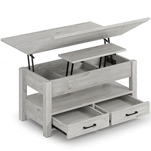 Rolanstar Lift Top Coffee Table - Multi-Function Convertible With Drawers and Hidden Compartment, Converts to Dining Table for Living Room, Home Office, Grey