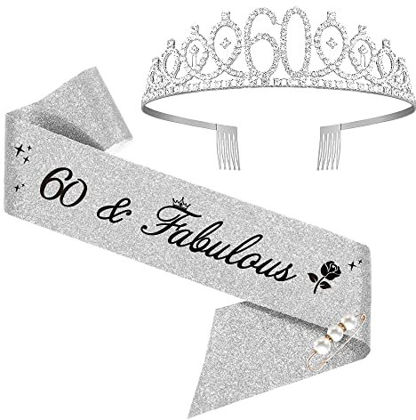 60. Geburtstags Tiara, 60 & Fabulous Geburtstags-Krone Schärpe Set, 60 geburtstag deko für 60. geburtstag frauen alles Gute zum 60. Geburtstagsgeschenk, Partyzubehör (Silber)