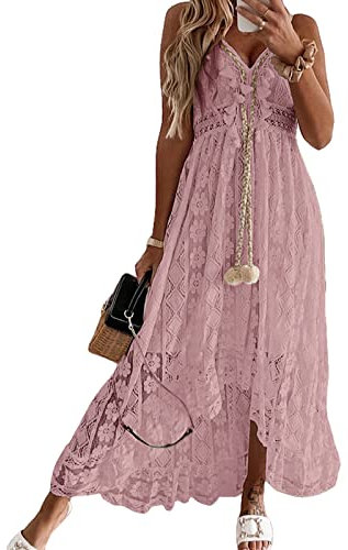 CUPSHE Damen Sommerkleid V Ausschnitt Floral Spitze Quasten Spaghetti Trägerkleid Freizeitkleider Hi-Low Party Boho Beach Maxi Dress Rosa XL