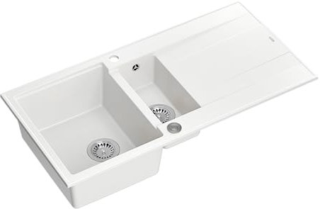 QUADRON Evier en granit | Taille 50 x 100 x 21/16 cm, Couleur: Blanc | EVAN 156 Evier de cuisine double évier | Evier de cuisine double évier avec égouttoir | avec trou pour robinet