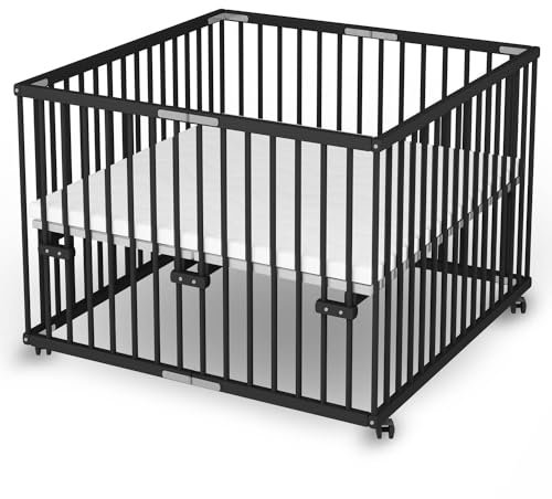 Sämann Laufstall faltbar Baby 100x100 cm mit Matratze | stufenlos höhenverstellbar | Laufgitter Premium | Babybett aus Holz | Krabbelgitter Black Edition