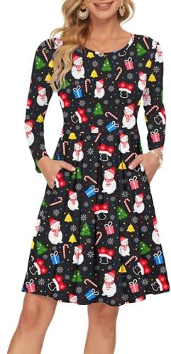 AUSELILY Manica Lunga delle Donne Piegheggiato Loose Swing Abito Casual con Tasche Lunghezza al Ginocchio
