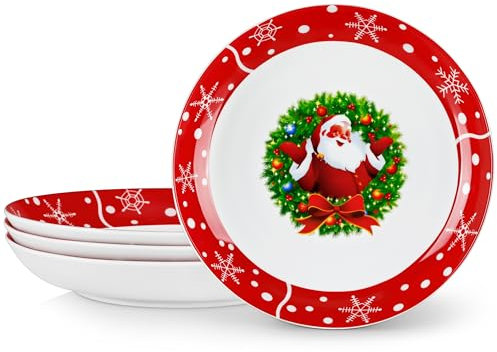 VEWEET, Juego de 4 Cuencos Navideños para Pasta de 1440 ml, Porcelana de 26,7 x 4,2 cm, Diseño en Rojo con Papá Noel, Bols Ideales para Sopas, Pastas y Ensaladas, Serie SANTACLAUS