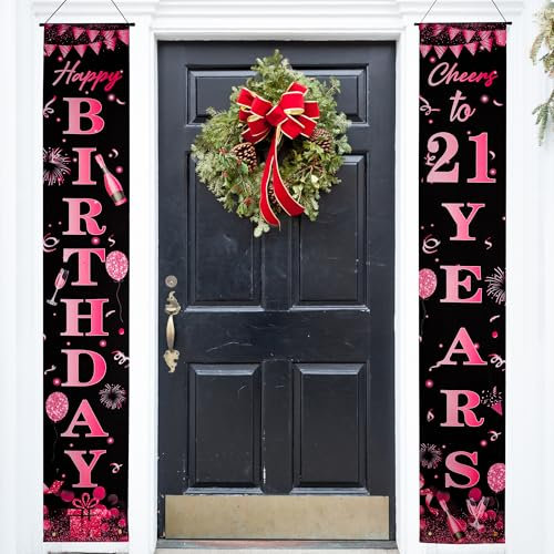 Happy 21st Birthday Party Decorations Black Pink 21st Birthday Door Banner Porch Hanging Banner, 21st Birthday Door Decorations for Girls Her 21 Year Old Indoor Outdoor Garden Black Gold