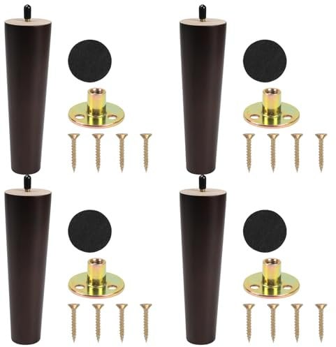 Zythrem Wooden Furniture Legs 20cm/8inch Solid Walnut Wood Sofa Legs Set of 4 Chair Table Leg Replacement Furniture Feet with Mounting Plates Screws Protection Pad for Cabinet Bed TV Stand