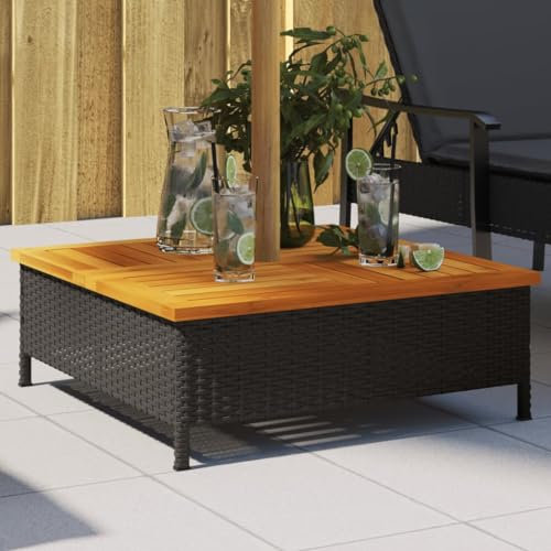 Homgoday Table Basse de Jardin en Résine Tressée avec Trou de Parasol, Noir et Marron, 70 x 70 x 25 cm