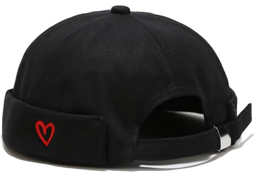 XYIYI Herren Herz Schwarz Dockermütze Brimless Hat Schädelkappe Arbeiter Matrosenmütze Gerollte Manschette Retro Beanie Mütze