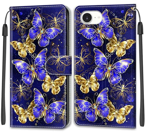 TOMYOU Handyhülle für iPhone 16e / 17e Hülle, sechs Schmetterlinge | Standfunktion, Kartenfach, Magnetisch, Stoßfeste Schutzhülle, Flip Leder, Klapphülle